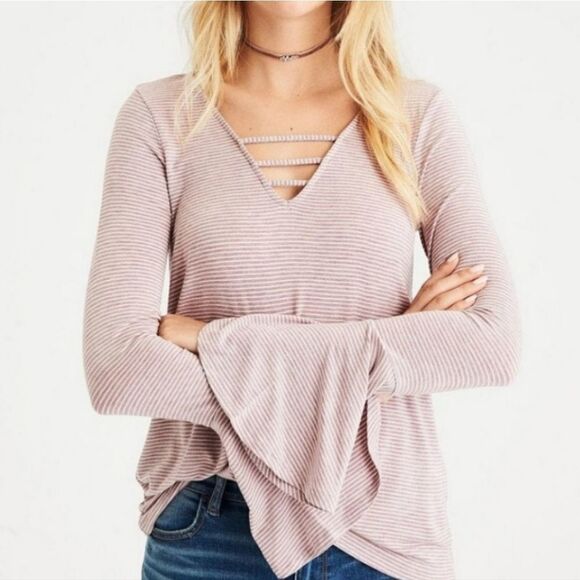 American Eagle Outfitters Soft & Sexy Long Bell Sleeve V-Neck Mini Stripe Top - Picture 1 of 11